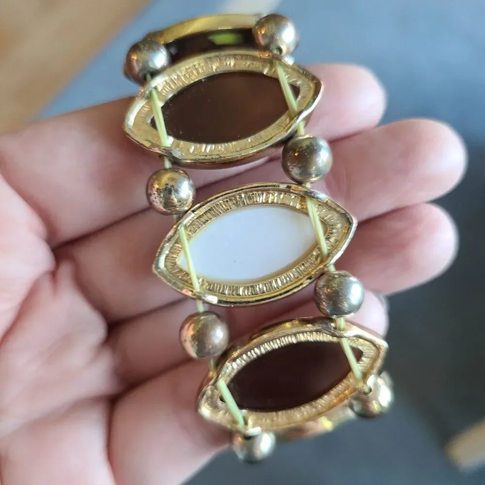 Vintage Gold Tone Stretch Bracelet Faceted Brown Stones With Iridescent Accents